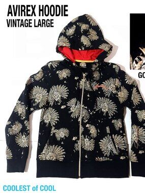 vintage AVIREX Hoodie Sweatshirt Indian Chief Skull All Over Print Black Gold